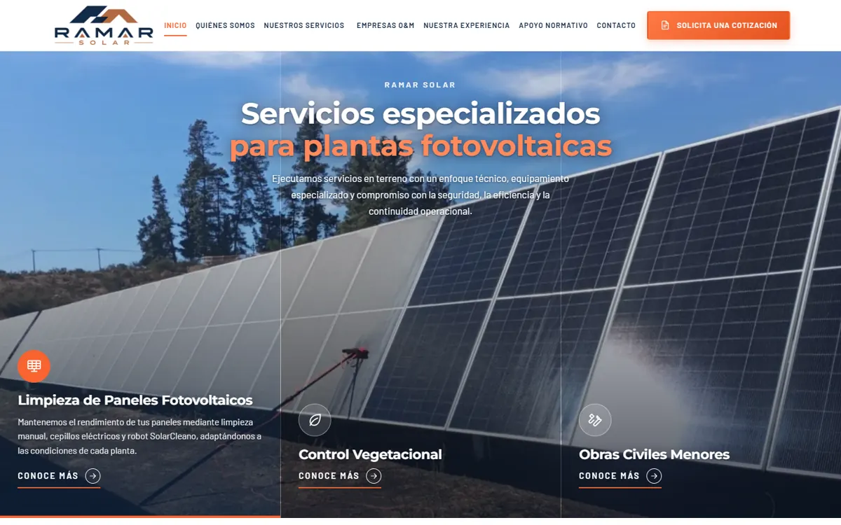 Página de inicio de ramarsolar.cl vista en computador, con servicios para plantas fotovoltaicas